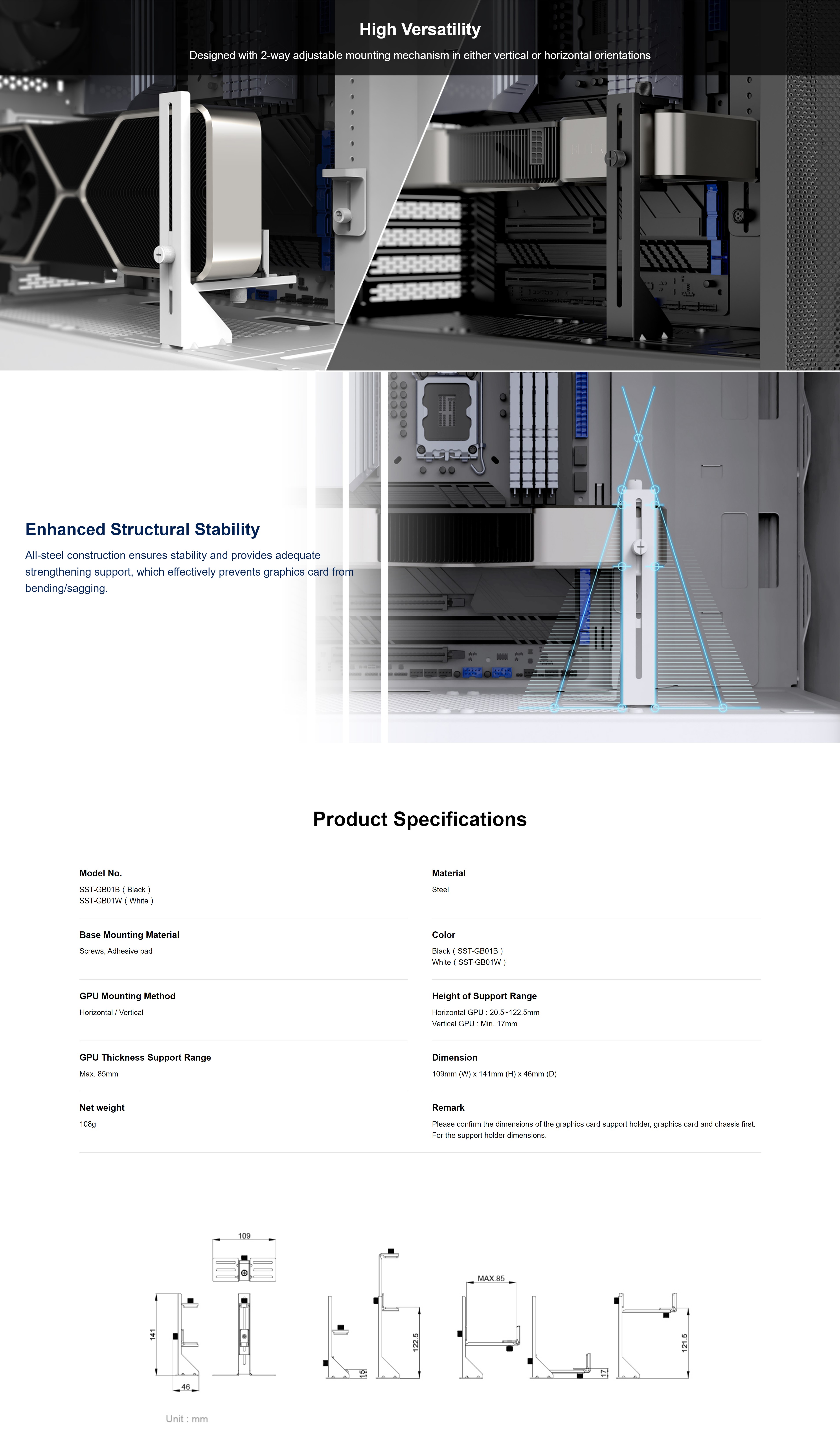 A large marketing image providing additional information about the product SilverStone GB01 GPU Holder - Black - Additional alt info not provided